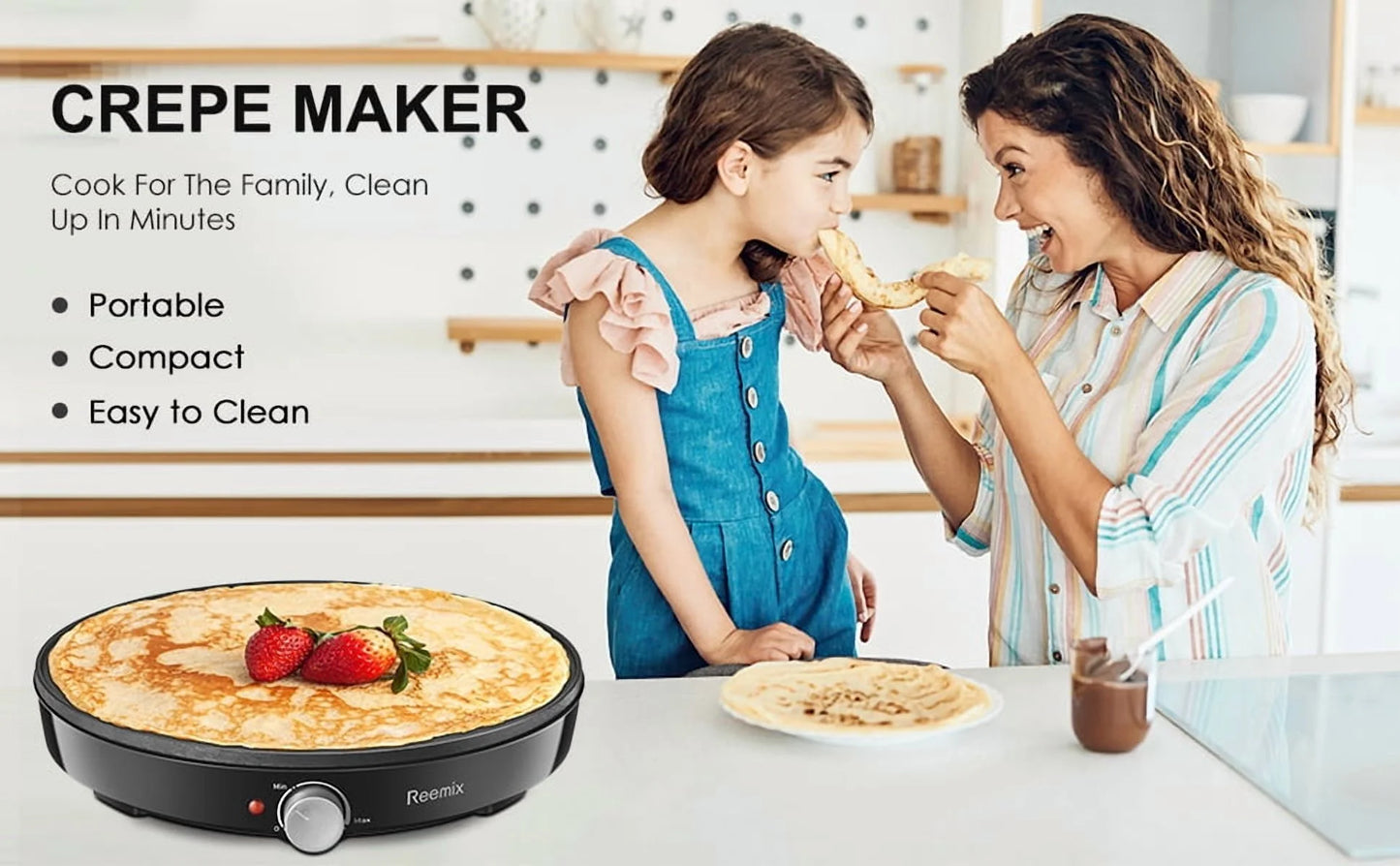 Crepe Maker Machine, Nonstick 12” Electric Griddle, Compact Pancake Griddle Precise Temperature Control, Batter Spreader for Eggs, Pancakes, Includes Spatula, Spreader(Black)