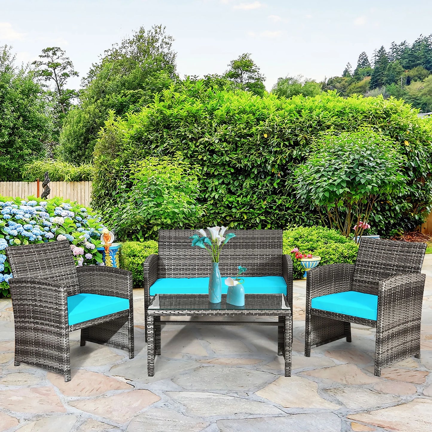 4PCS Patio Rattan Furniture Set Conversation Glass Table Top Cushioned