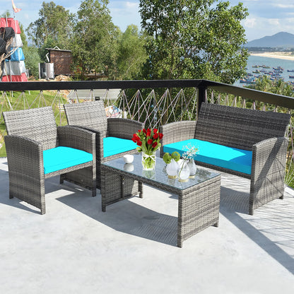4PCS Patio Rattan Furniture Set Conversation Glass Table Top Cushioned