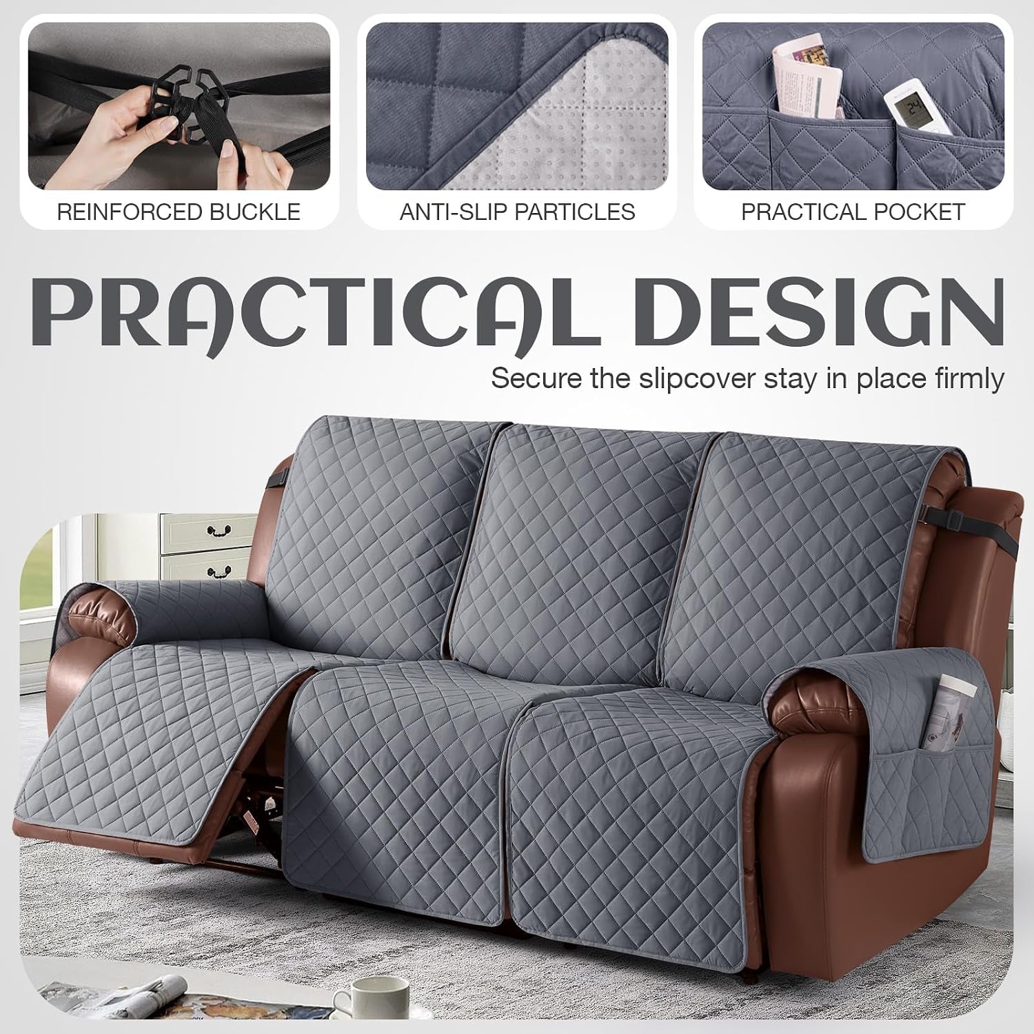 100% Waterproof Recliner Sofa Cover, Reclining Couch Covers for Pets, Dogs, Recliner Couch Slipcover Furniture Protector with Elastic Straps for Kids(3 Seater, Dark Gray)