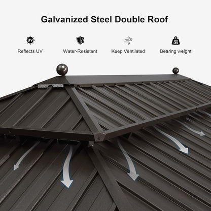 Outdoor Hardtop Gazebo 10' X 12' Bronze Metal 4.7" Wide Frame | Built-In Drainage Keeps Dry, Solid Steel Construction, Vented Roof Cooler Below, Netting & Curtains, Permanent Heavy Duty