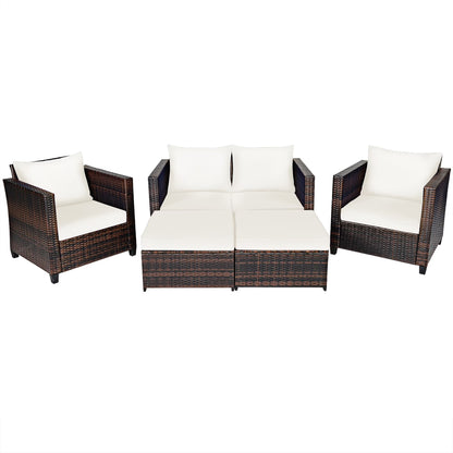 5PCS Patio Rattan Furniture Set Loveseat Sofa Ottoman Cushioned White