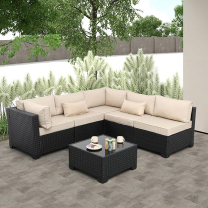Patio Sectional 6 Pieces All-Weather Wicker Patio Furniture Set Outdoor Sectional with Glass Table Non-Slip Cushions and Waterproof Cover, Khaki
