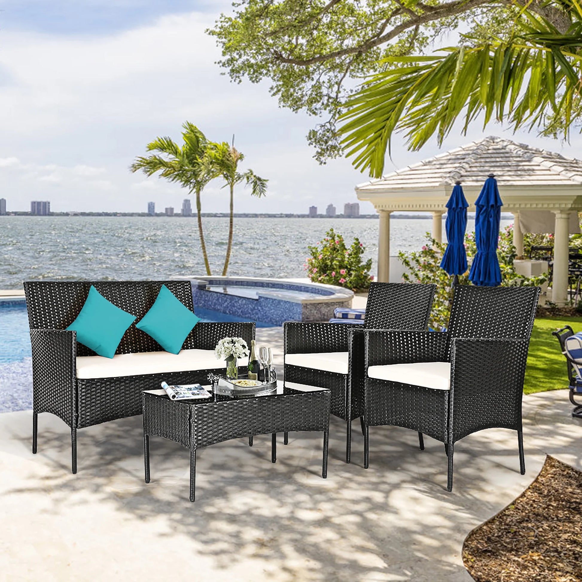 4PCS Patio Furniture Set Rattan Wicker Conversation Set Outdoor