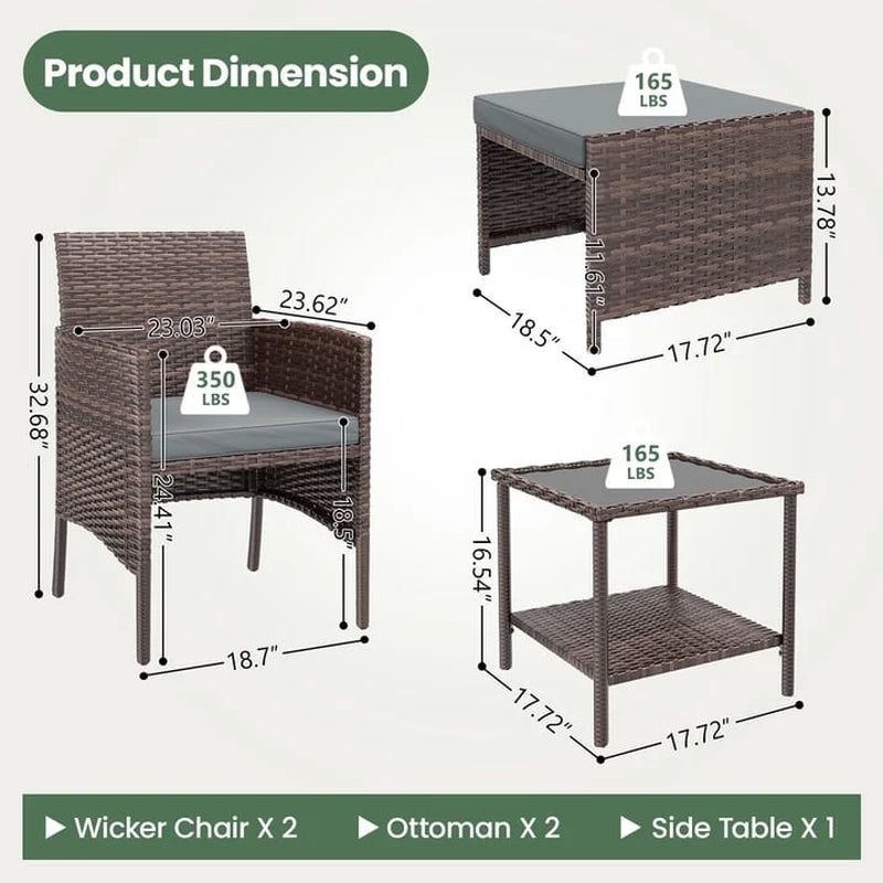 5 Piece Patio Furniture Set, Outdoor Patio Conversation Rattan Chair with Ottomans/Storage Coffee Table for Patio, Space Saving Design for Balcony Poolside Front Porch Deck,Brown Rattan, Gray