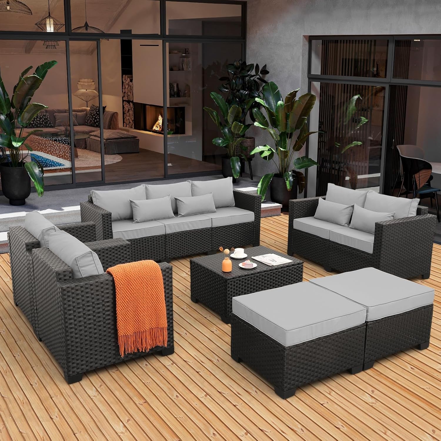 Patio Furniture Sets 7 Pieces Outdoor Furniture Sectional Patio Couches Set with Storage Table Light Grey Cushions
