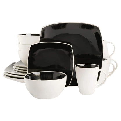 Soho Lounge Square Glazed 16 Piece Stoneware Set, Black and White