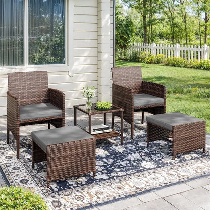 5 Piece Patio Furniture Set, Outdoor Patio Conversation Rattan Chair with Ottomans/Storage Coffee Table for Patio, Space Saving Design for Balcony Poolside Front Porch Deck,Brown Rattan, Gray