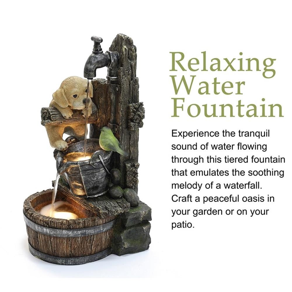 Outdoor Water Fountain, 25 Inch Whimsical Puppy Dog Resin Water Fountains Indoor with LED Lights