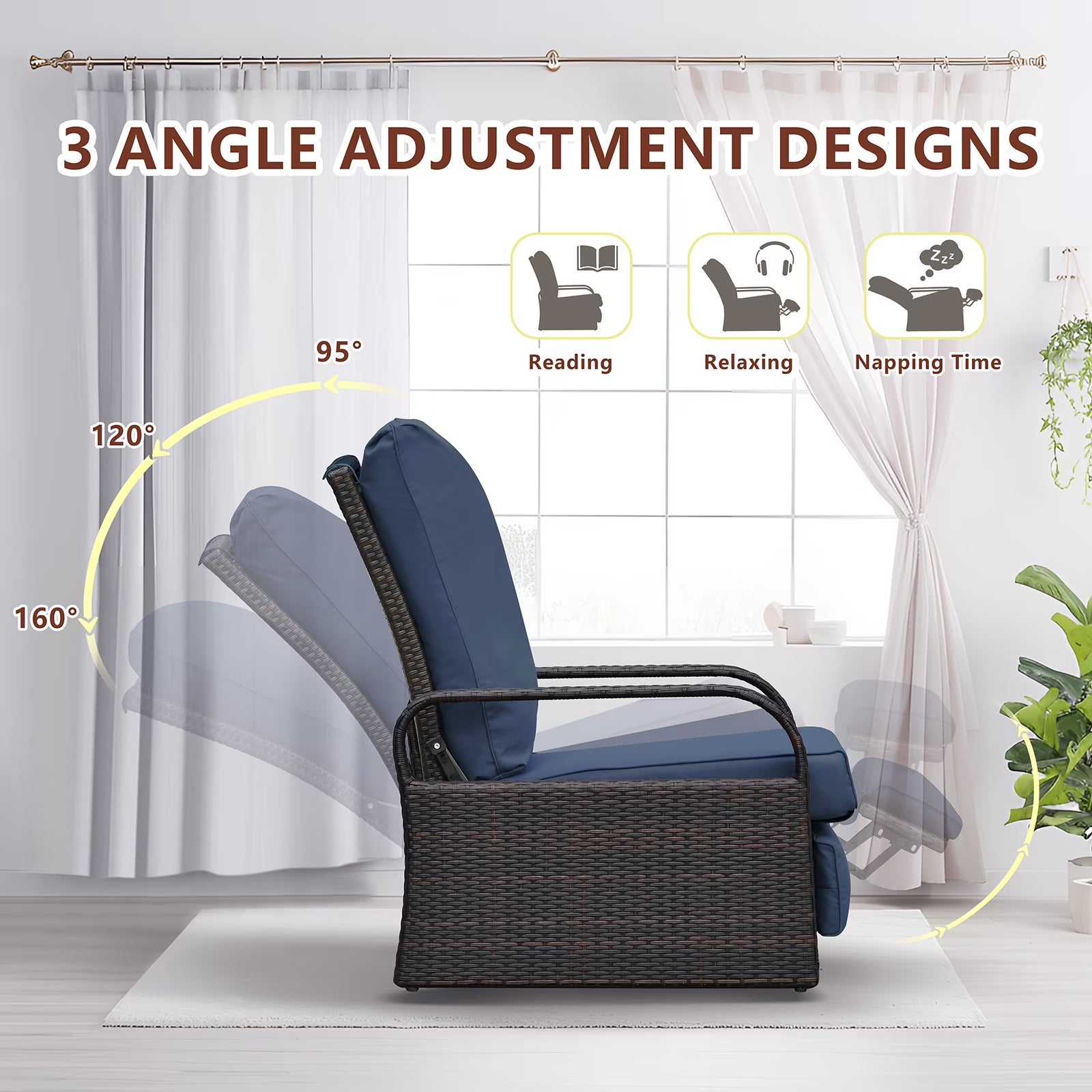 Outdoor Patio Adjustable Wicker Reclining Chair,Navy Blue