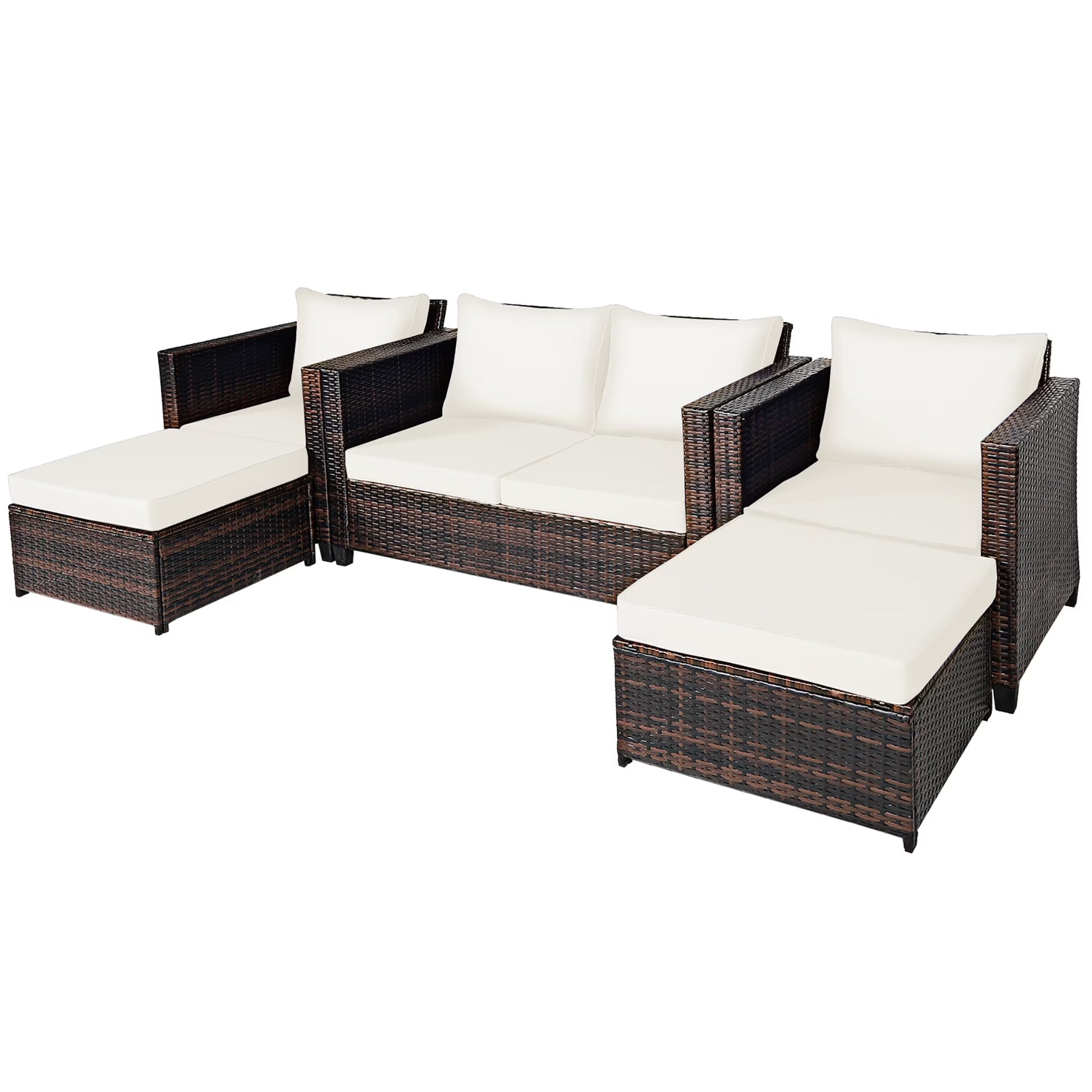 5PCS Patio Rattan Furniture Set Loveseat Sofa Ottoman Cushioned White