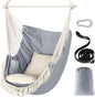 Hammock Chair Max 500 Lbs 2 Cushions Spreader Bar Strap Carabiner | Collapsible Metal Rod with Anti-Slip Grooves Portable Hanging Swing Side Pocket Macrame Bohemian Chair Indoor Outdoor Graden