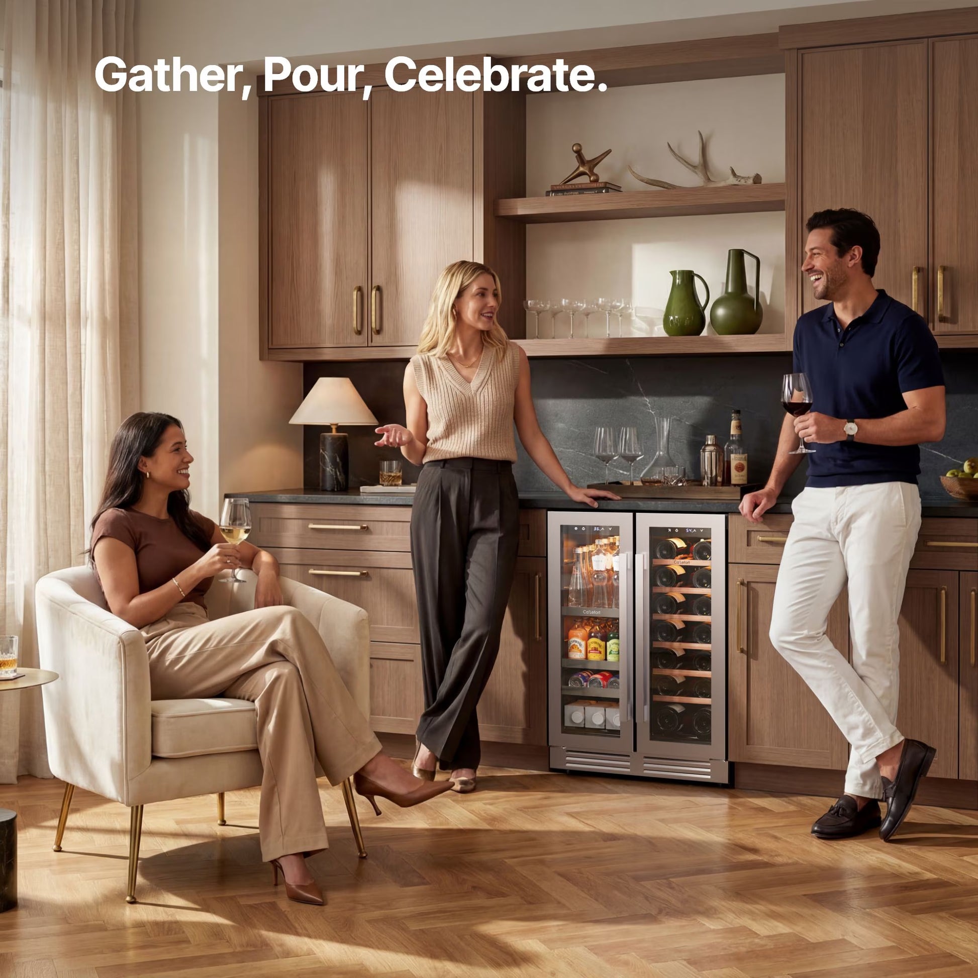 24 Inch Wine and Beverage Refrigerator, Hold 60 Cans and 21 Bottles Dual Zone Wine Fridge with Glass French Door, Built-In or Freestanding