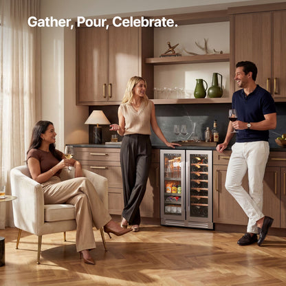 24 Inch Wine and Beverage Refrigerator, Hold 60 Cans and 21 Bottles Dual Zone Wine Fridge with Glass French Door, Built-In or Freestanding
