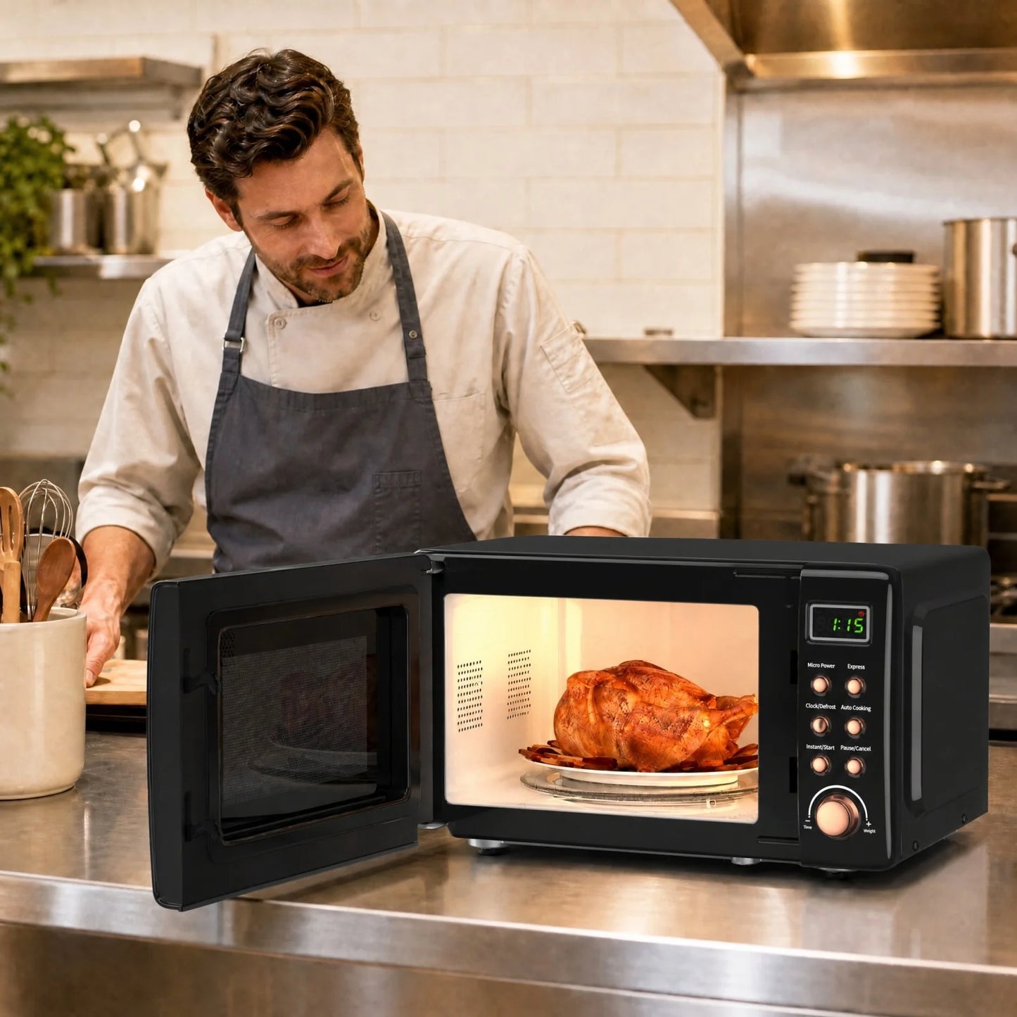 0.7 Cu.Ft Retro Countertop Microwave Oven 700W LED Display Glass Turntable Rose Gold
