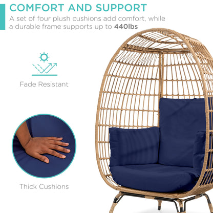 Wicker Egg Chair Oversized Indoor Outdoor Patio Lounger W/ Steel Frame - Navy