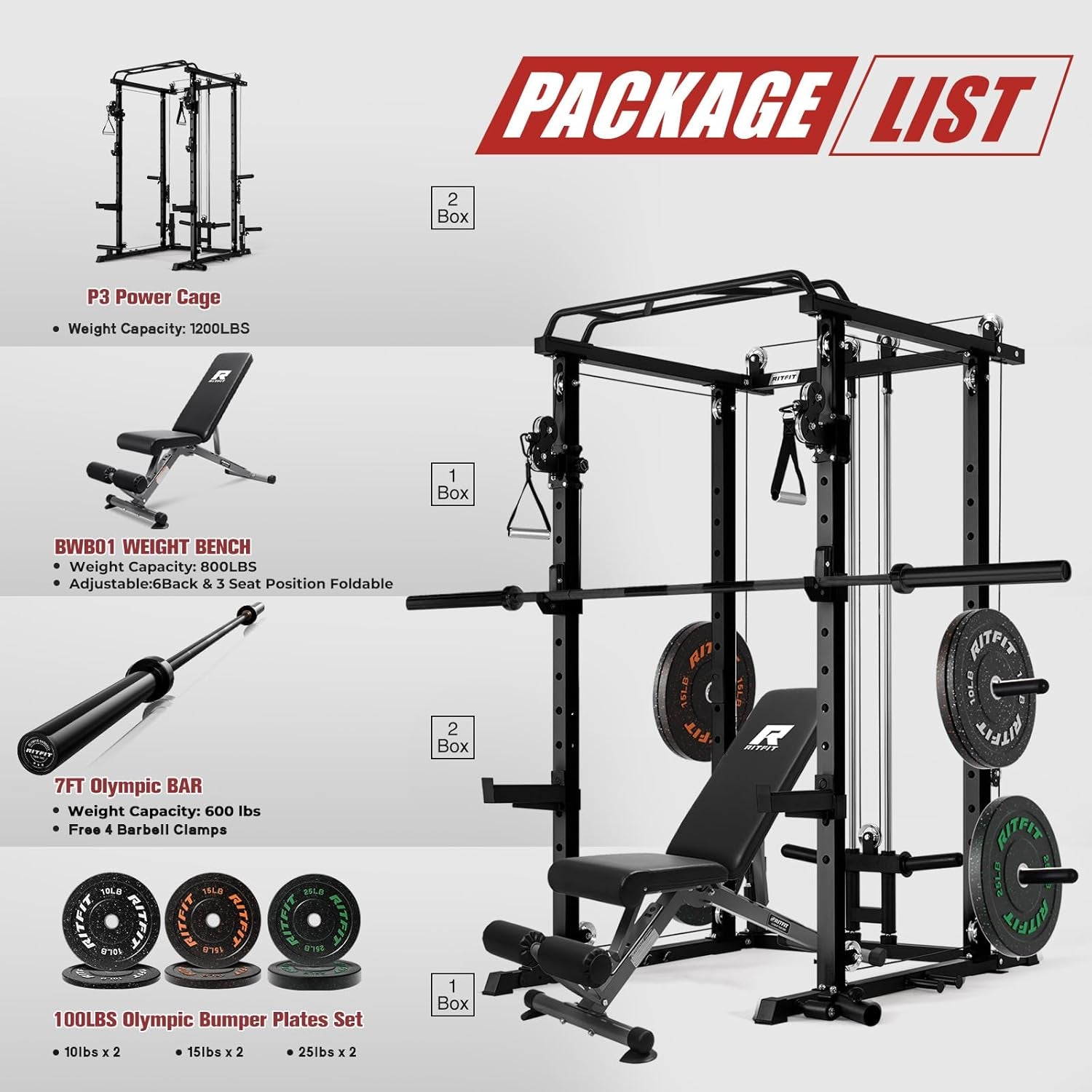 Power Cage Home Gym Package with Cable Crossover System | 1200LBS Power Rack, Weight Bench, Olympic Barbell & 230LBS Bumper Plates — All-In-One Home Gym
