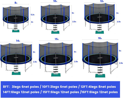 1800LBS Capacity No-Gap Design 16 15 14 12FT Trampoline with Safety Enclosure Net and Non-Slip Ladder 10-Year Quality Assurance Perfect for Kids Family Outdoor Backyard Fun