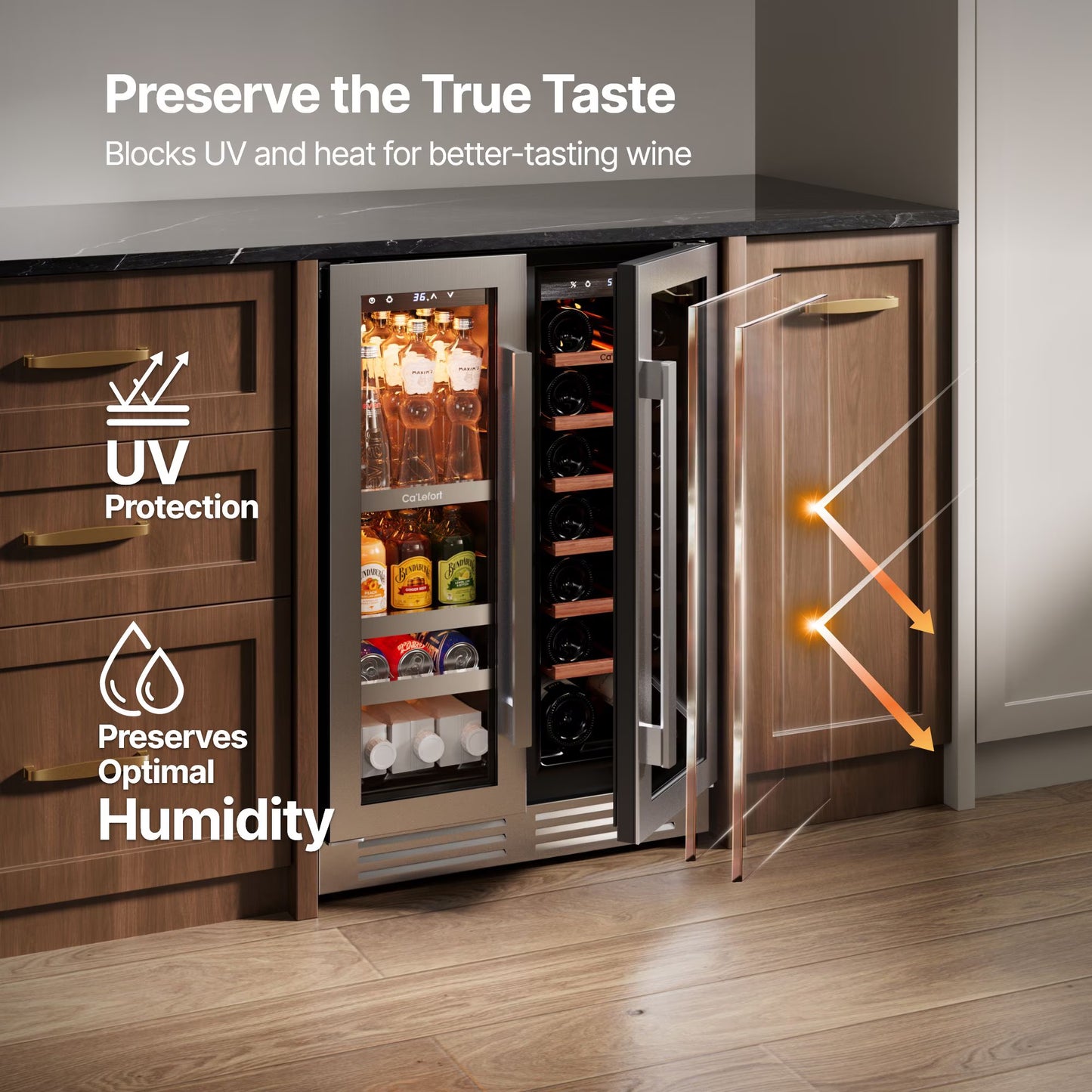24 Inch Wine and Beverage Refrigerator, Hold 60 Cans and 21 Bottles Dual Zone Wine Fridge with Glass French Door, Built-In or Freestanding