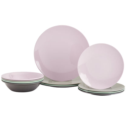 Tabletops Gallery 12 Piece Green Gray Pink Melamine Dinnerware Set Plates Bowls for Indoor/Outdoor Use, Service for 4, Pastel