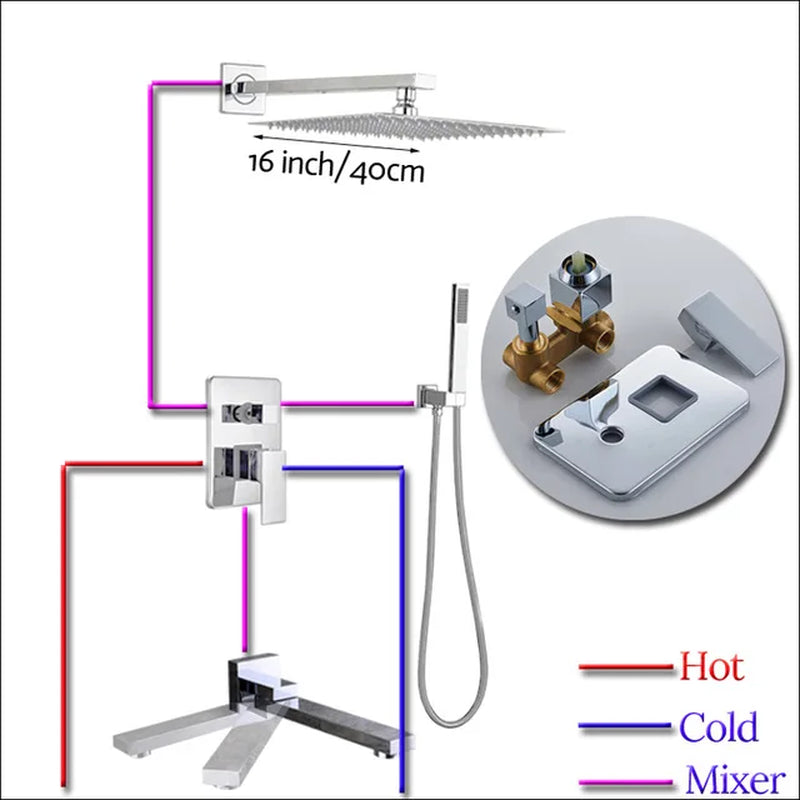 Wall Mount Rainfall Shower Faucet Set Chrome Concealed Bathroom Faucets System 16'' Head with Swivel Tub Spout Mixer Tap