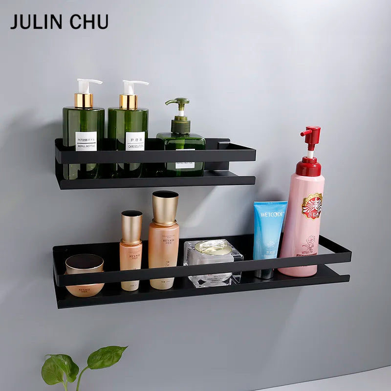 Stainless Steel Bathroom Shelf Black Shower Shampoo Storage Rack Adhesive Suqare Kitchen Bathroom Shlef 20Cm 30Cm 40Cm 50Cm