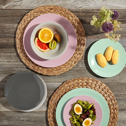 Tabletops Gallery 12 Piece Green Gray Pink Melamine Dinnerware Set Plates Bowls for Indoor/Outdoor Use, Service for 4, Pastel