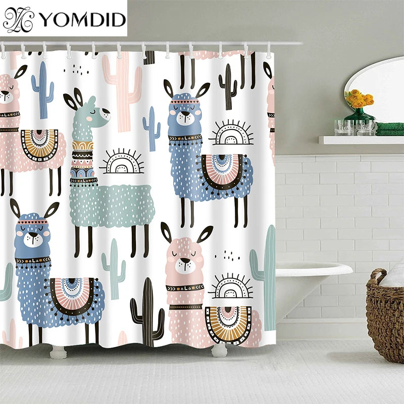 Alpaca Pattern Bath Curtain Waterproof Shower Curtains Polyester Cartoon Bath Screen Printed Curtain for Bathroom Home Decor