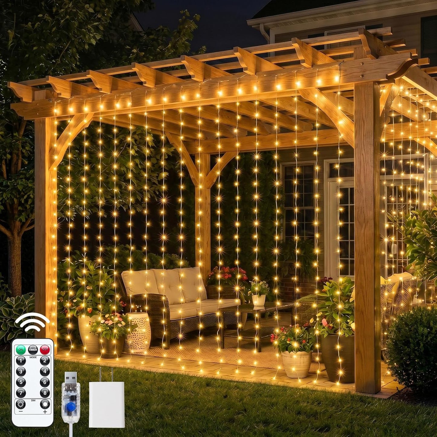 300 LED Curtain Lights, 9.8 FT Plug in Fairy Lights for Bedroom, 8 Lighting Modes, Christmas String Lights for Window Wall Wedding Party Birthday Christmas Decorations, Warm White