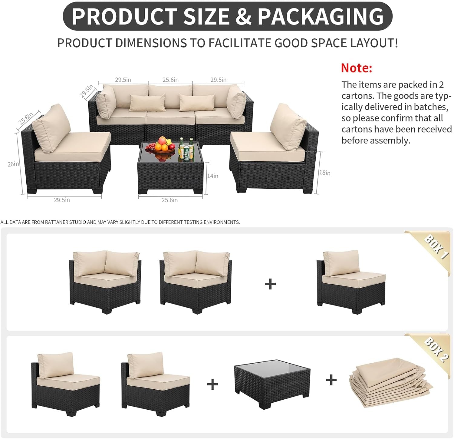 Patio Sectional 6 Pieces All-Weather Wicker Patio Furniture Set Outdoor Sectional with Glass Table Non-Slip Cushions and Waterproof Cover, Khaki