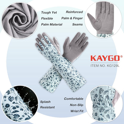 Long Sleeve Gardening Gloves for Women, Yard & Outdoor Work | Synthetic Leather Palms, Botanical Print, Elbow-Length, Breathable & Durability, Gifts for Gardeners, KG129