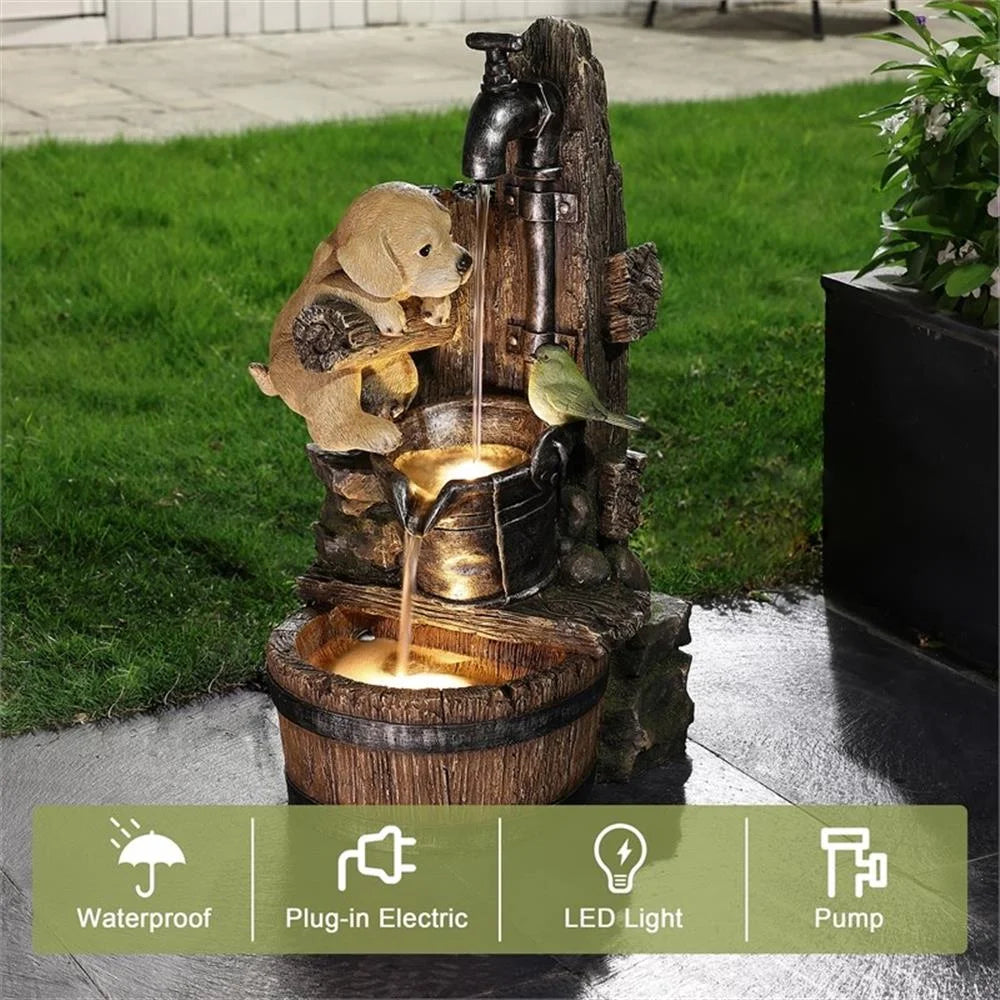 Outdoor Water Fountain, 25 Inch Whimsical Puppy Dog Resin Water Fountains Indoor with LED Lights