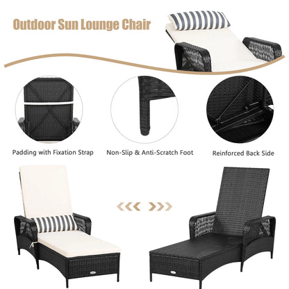 Set of 2 Adjustable Patio Rattan Lounge Chair Chaise Recliner W/ Cushion & Pillow
