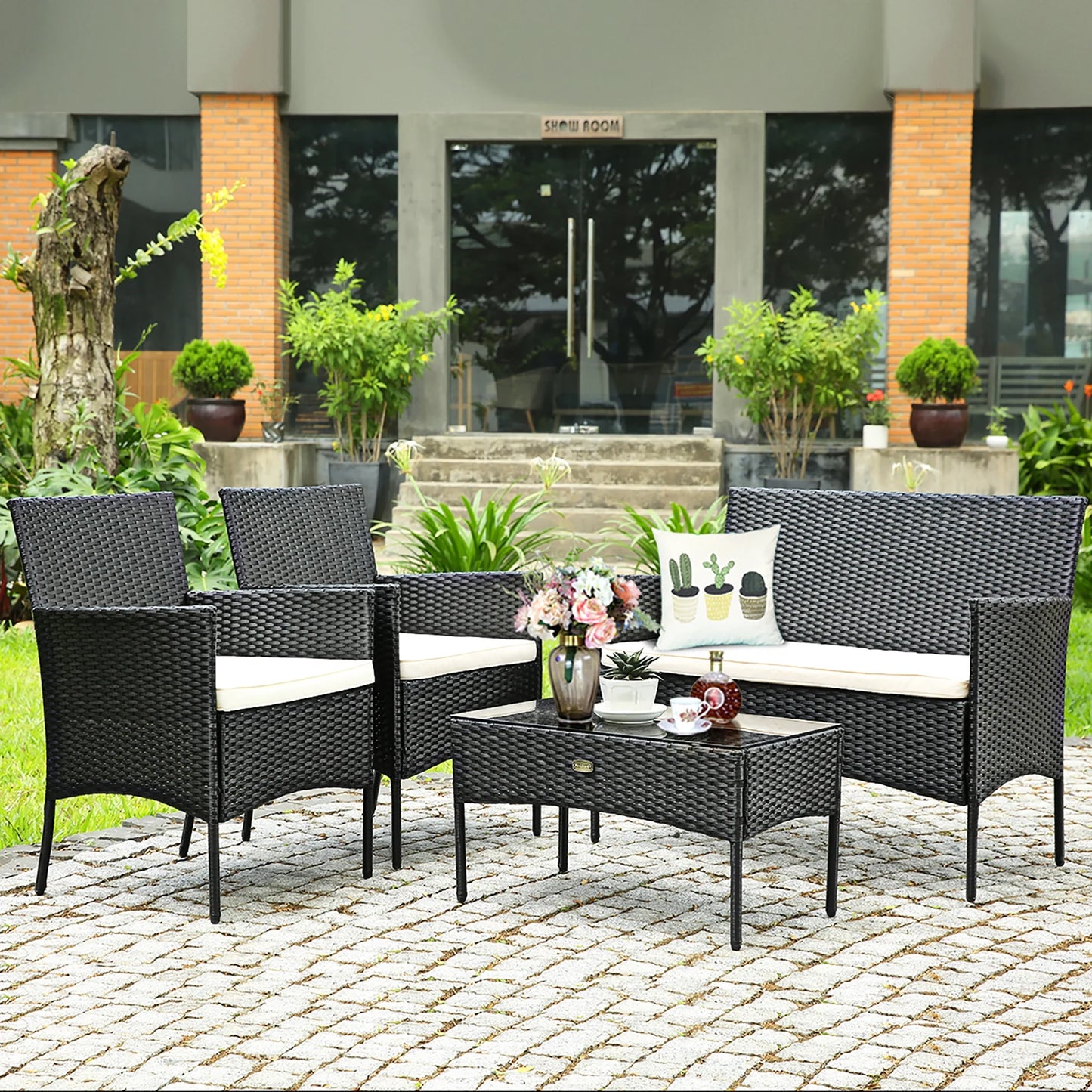 4PCS Patio Furniture Set Rattan Wicker Conversation Set Outdoor