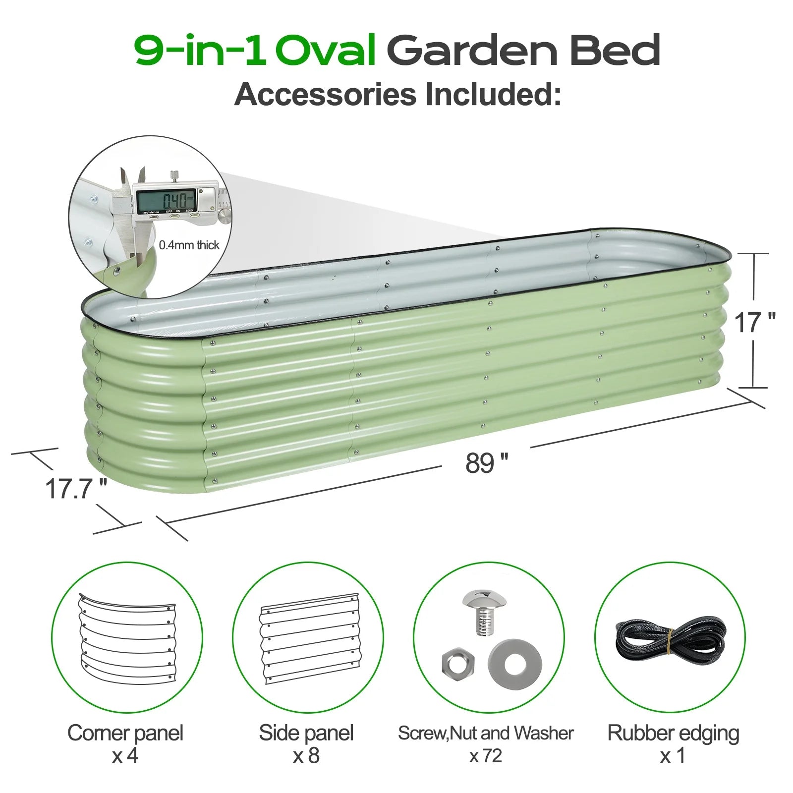 9-In-1 Modular Metal Raised Garden Bed, 89"L X 18"W X 17"H Outdoor Planter Box for Vegetables, Flowers, Herbs, Green