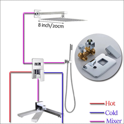 Wall Mount Rainfall Shower Faucet Set Chrome Concealed Bathroom Faucets System 16'' Head with Swivel Tub Spout Mixer Tap