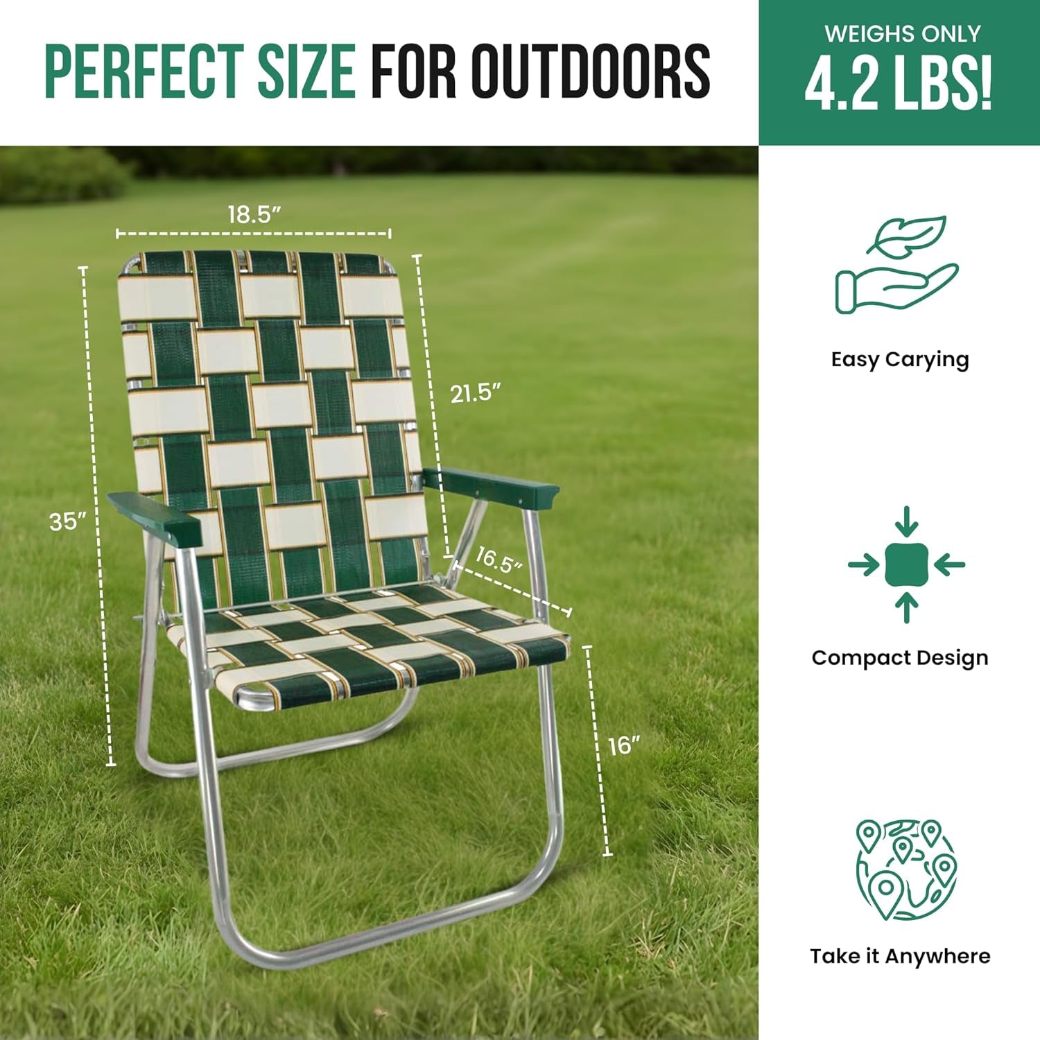 Folding Aluminum Outdoor Patio Lawn Chair | Heavy-Duty Webbed Chairs for Camping, Sports, Beach, Yard & Tailgating | Lightweight Portable | Classic - Black and White Stripe