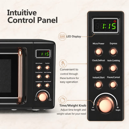 0.7 Cu.Ft Retro Countertop Microwave Oven 700W LED Display Glass Turntable Rose Gold