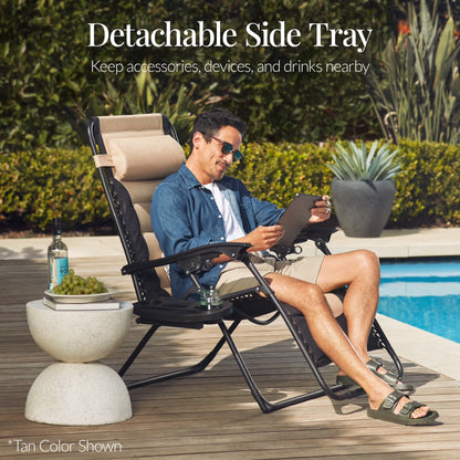 Oversized Padded Zero Gravity Chair, Folding Outdoor Patio Recliner W/ Side Tray - Red