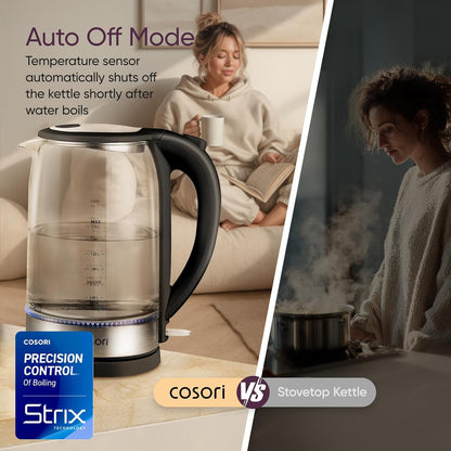 Electric Kettle, No Plastic Contact with Water, 1.7L, Black | Wide Opening, Easy to Clean, Auto Shut-Off, Boil-Dry Protection, Tea Kettle, Hot Water Boiler, Borosilicate Glass, 1500W